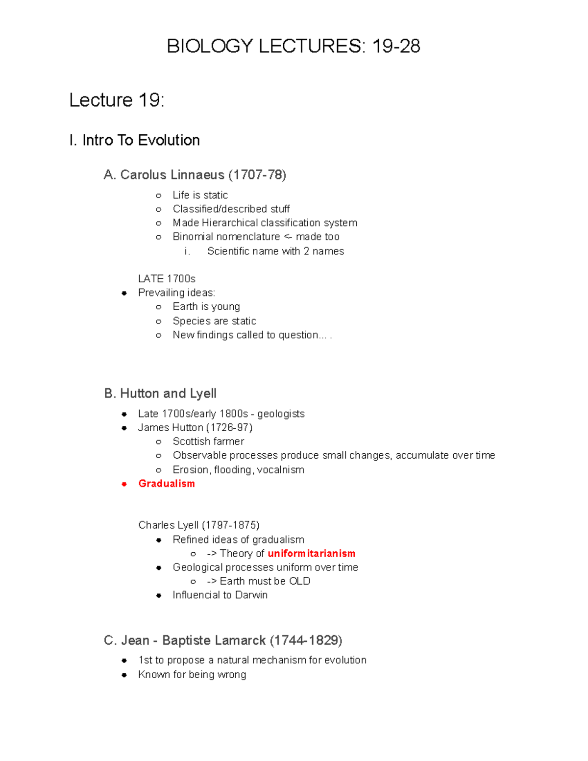 Biology I Lecture Notes: Evolution, Genetics & Speciation (Lectures 19 ...