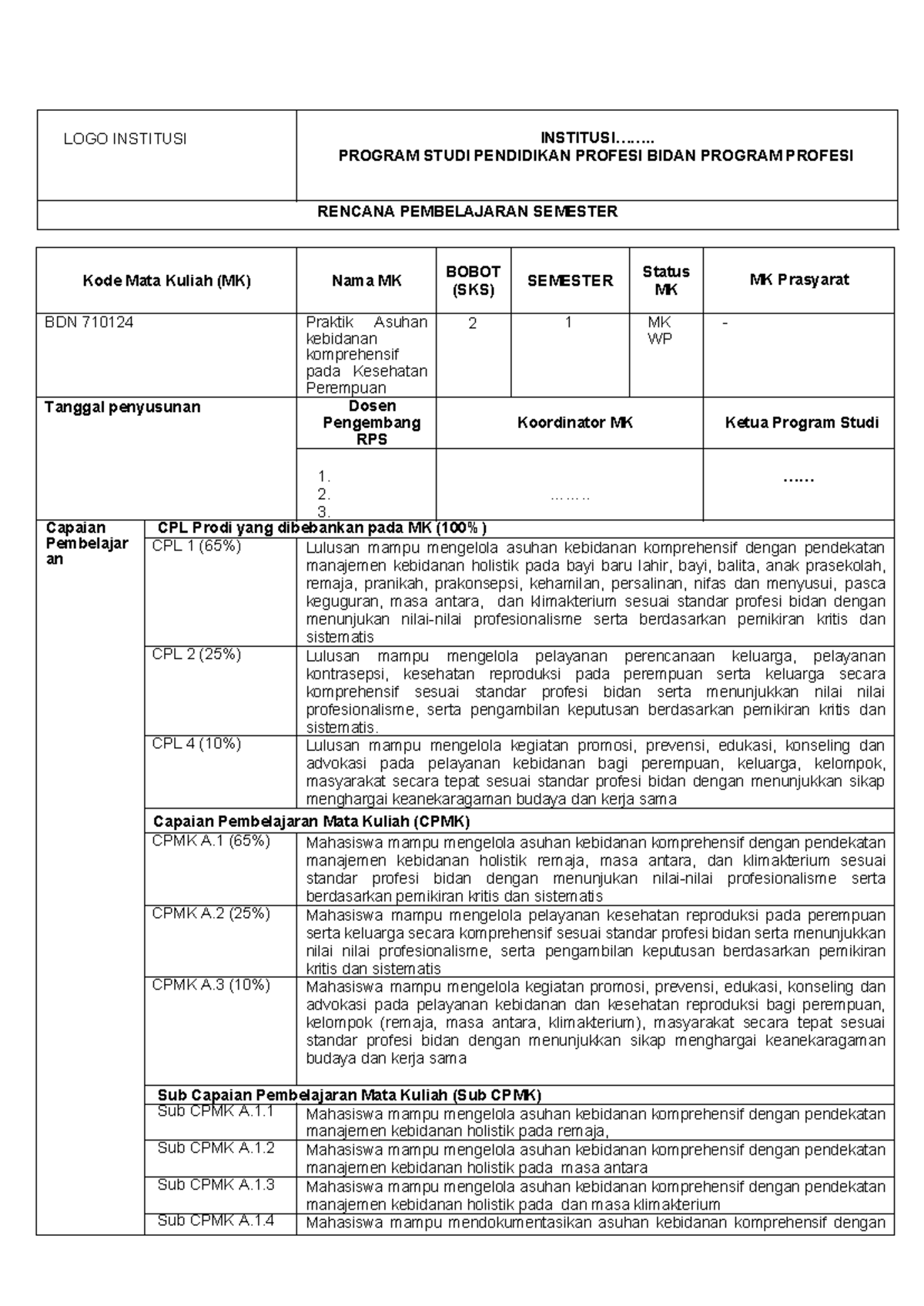 Rencana Pembelajaran Semester (RPS) BDN 710124: Asuhan Kebidanan ...