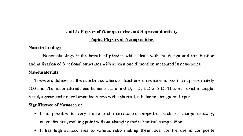 Physics unit 5 - NOTES OF UNIT 5 - Unit 5: Physics of Nanoparticles and ...