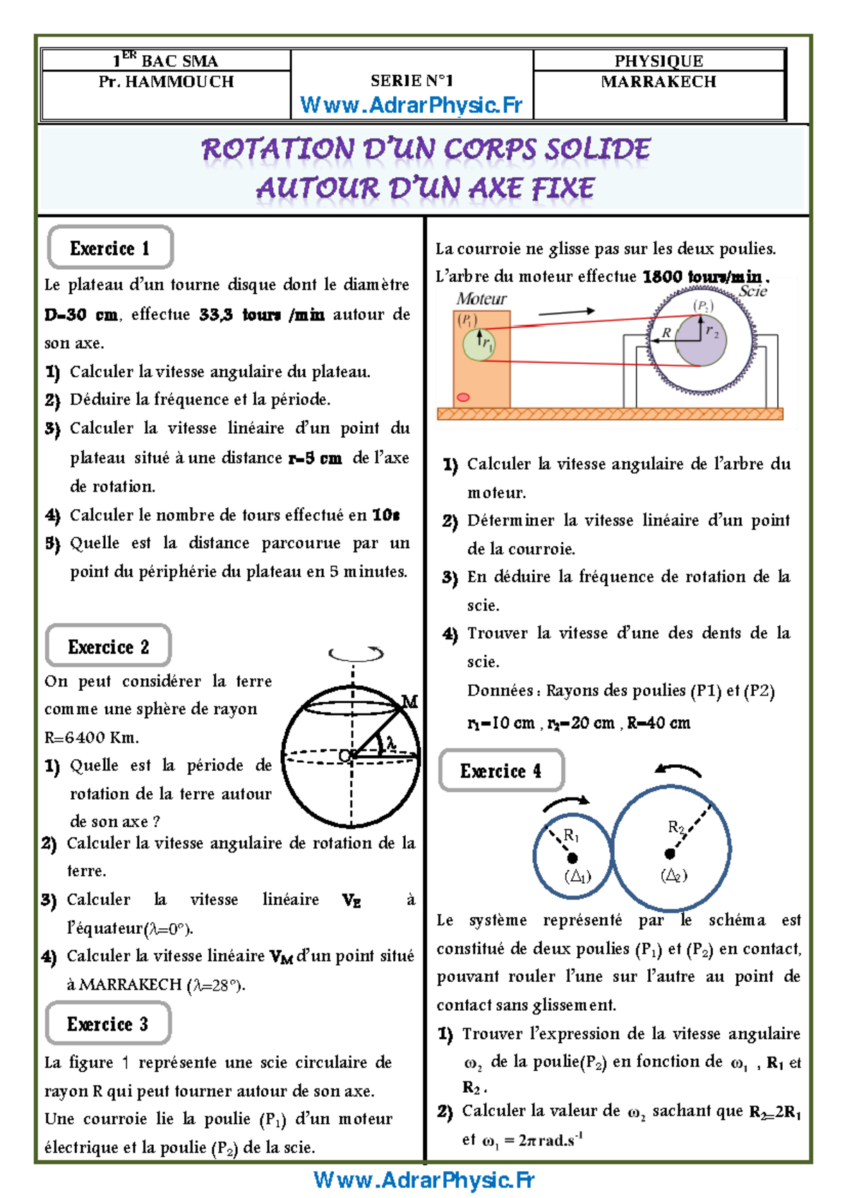 Série 1 : Mouvement de Rotation d'un Corps Solide – Physique BAC SMA ...