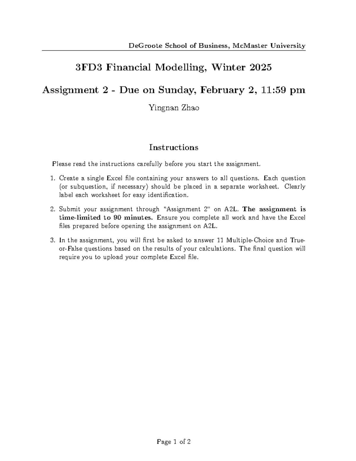 3FD3 Financial Modelling Assignment 2 Instructions - Winter 2025 - Studocu