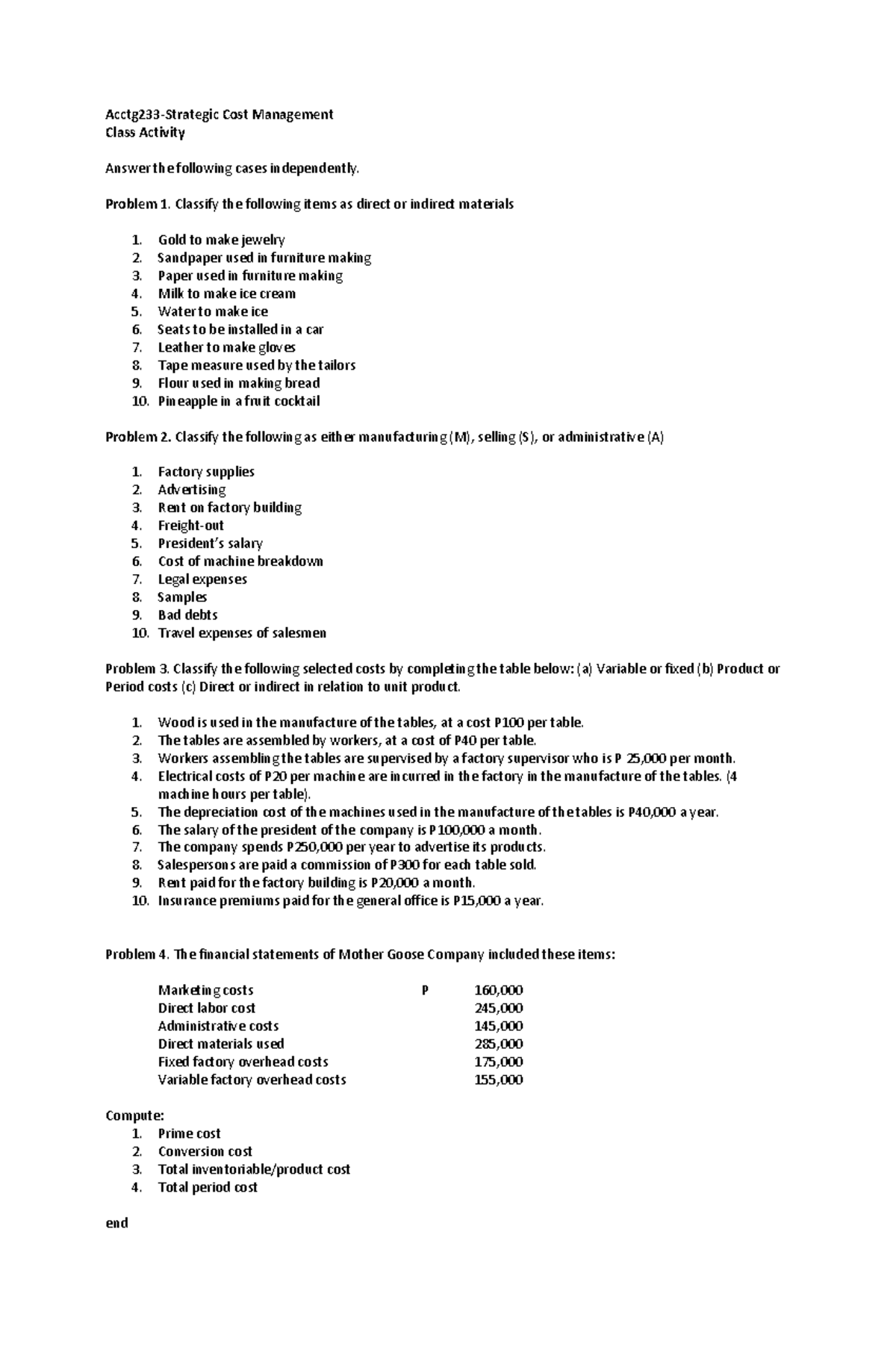 Cost Management Class Activity: Cost Behavior Classification 233 - Studocu