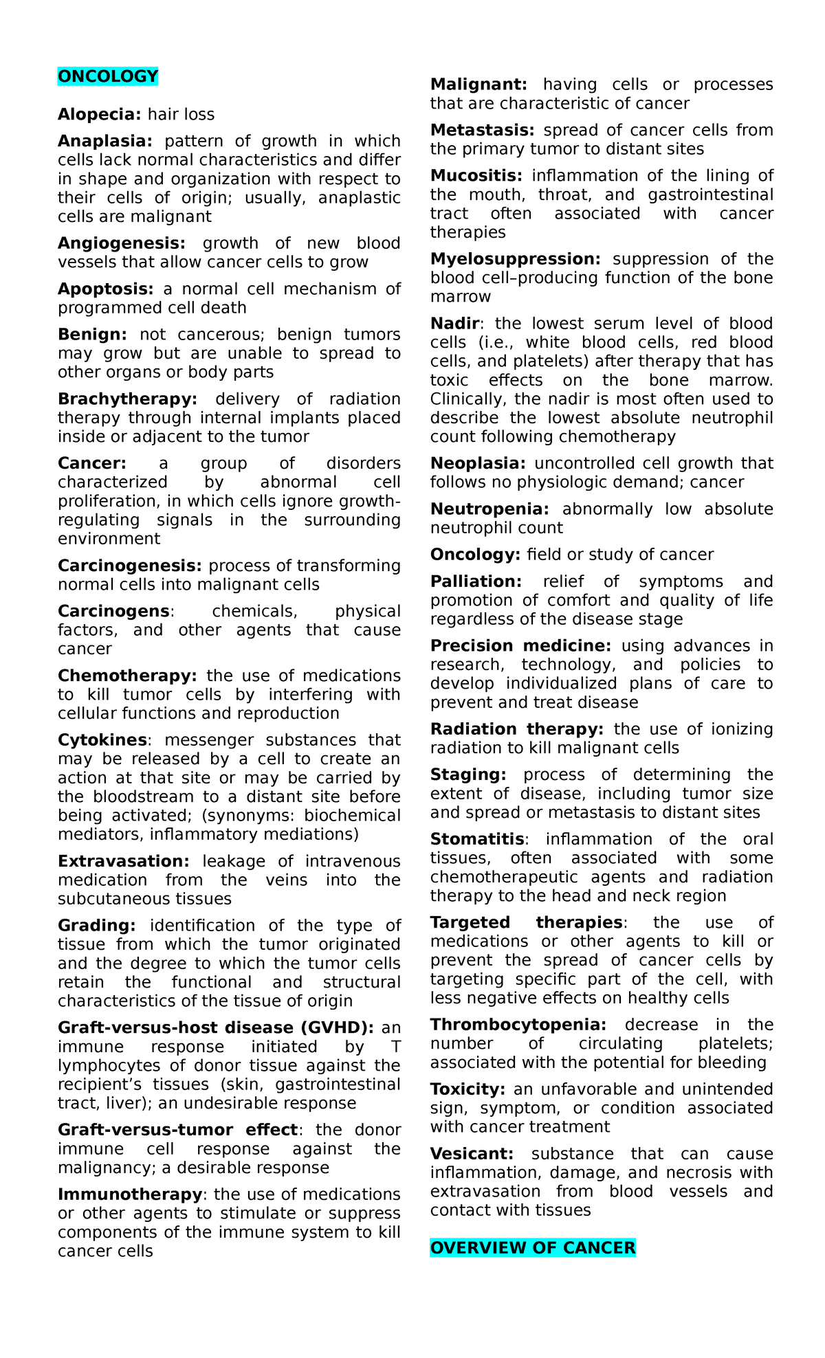 Oncology Review - MedSurg: Key Concepts and Terminology - Studocu