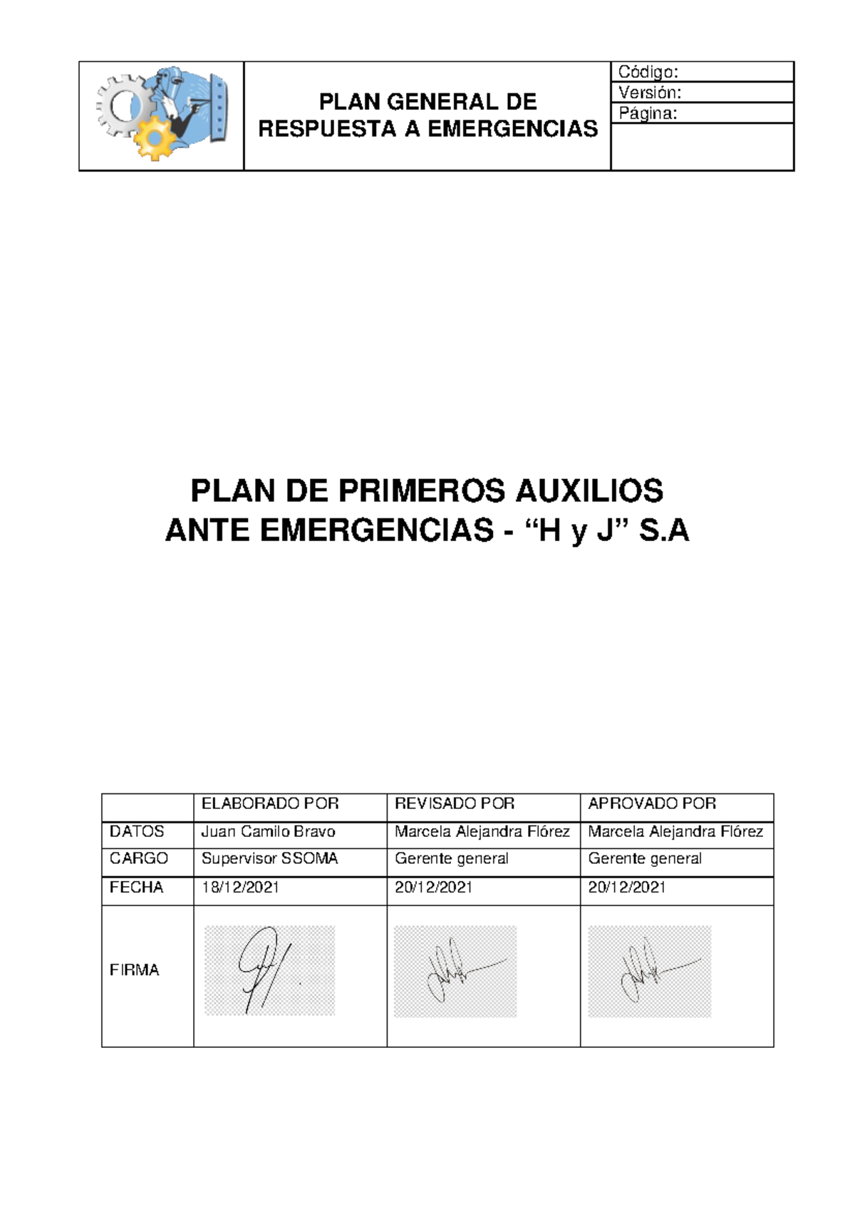 PLAN DE PRIMEROS AUXILIOS ANTE EMERGENCIAS - H y J S.A. - Studocu