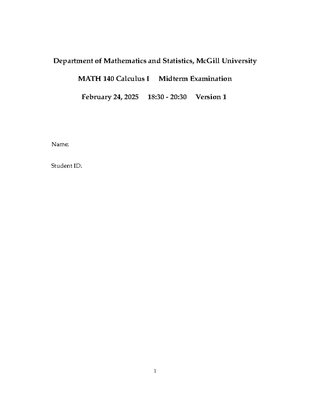 MATH 140 Calculus I Midterm Examination Version 1 February 24, 2025 ...