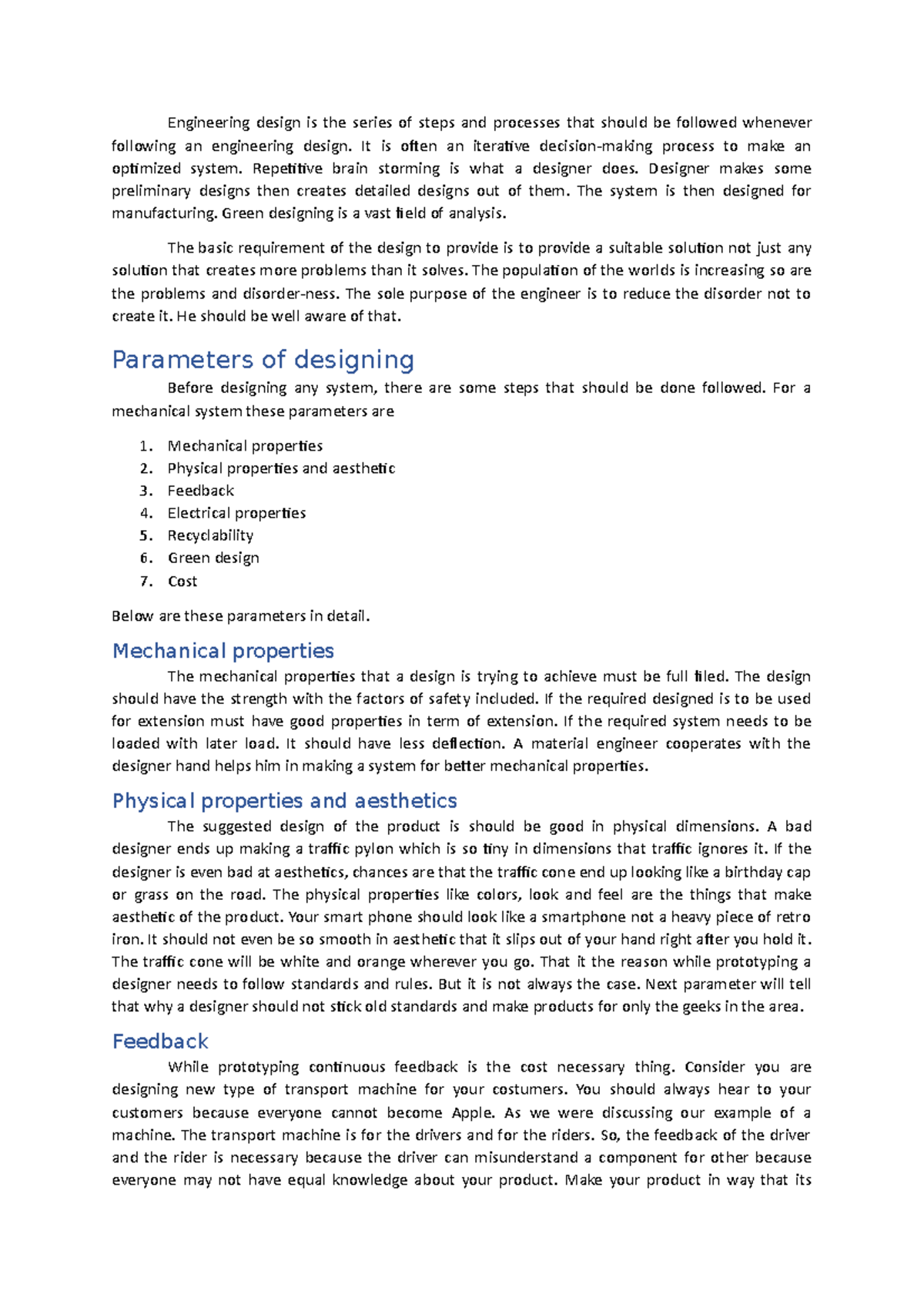 ENGR 101: Assignment on Engineering Design Principles and Parameters ...