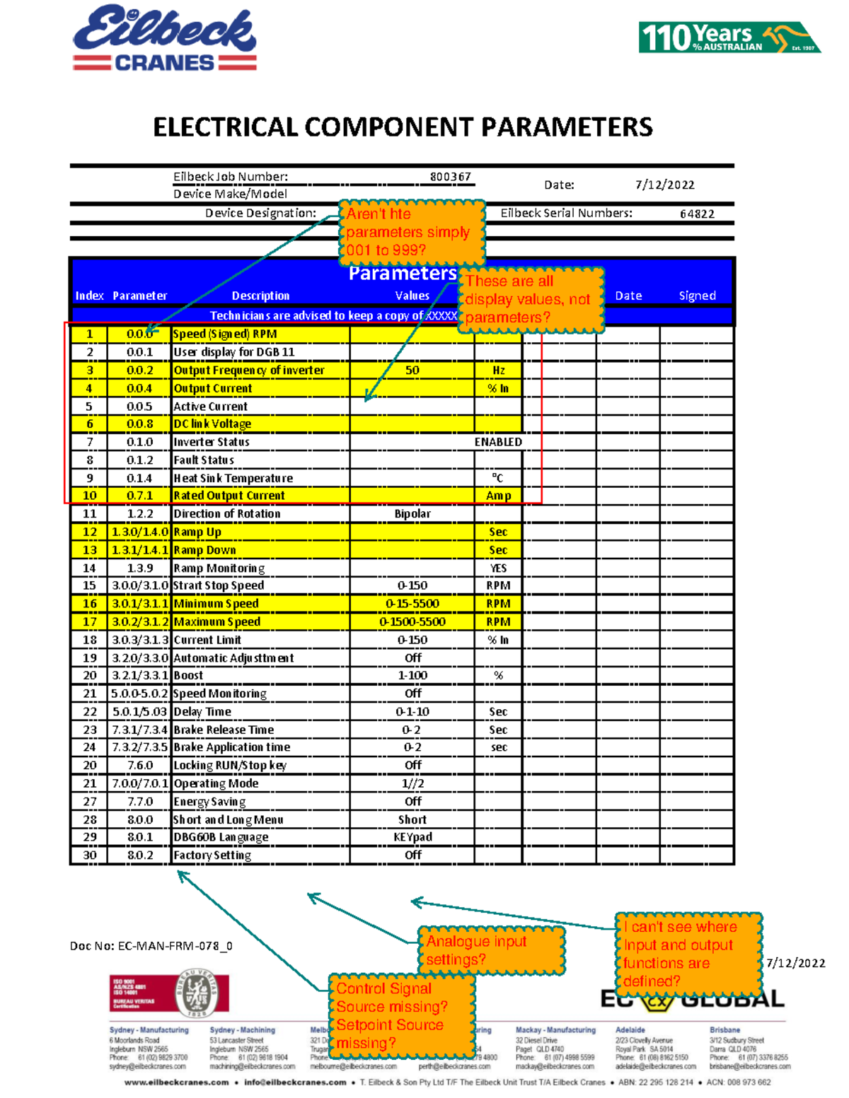 SEW Movitrac B Drive Parameters - Eilbeck Job Number: 800367 Device ...