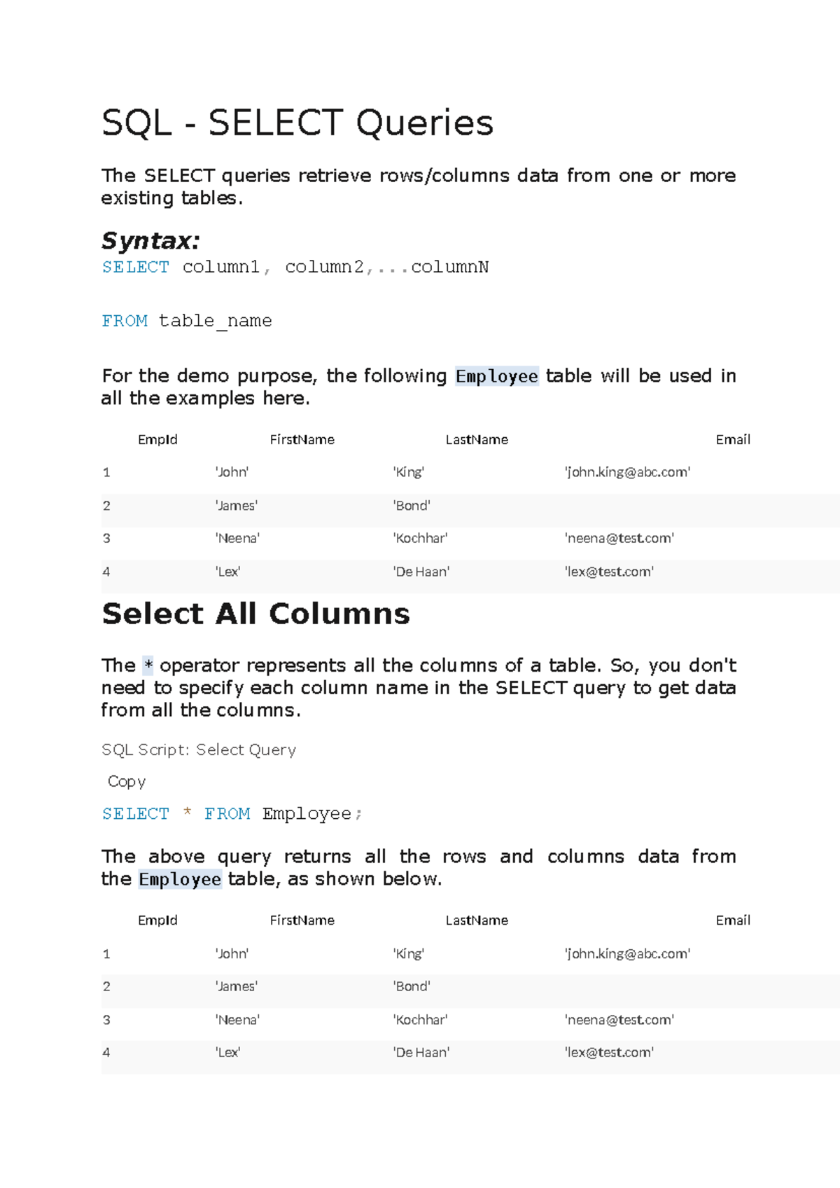 Examples on SQL SELECT Queries - Course Code: SQL101 - Studocu