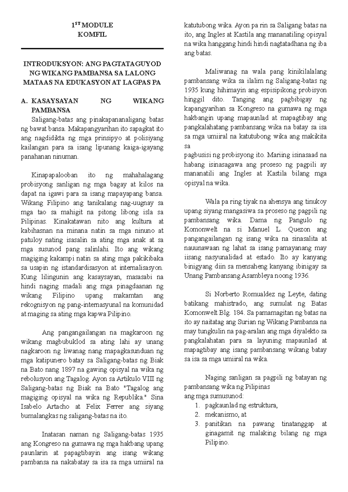 1ST MODULE KOMFIL REVIEWER: ANG PAGTATAGUYOD NG WIKANG PAMBANSA - Studocu