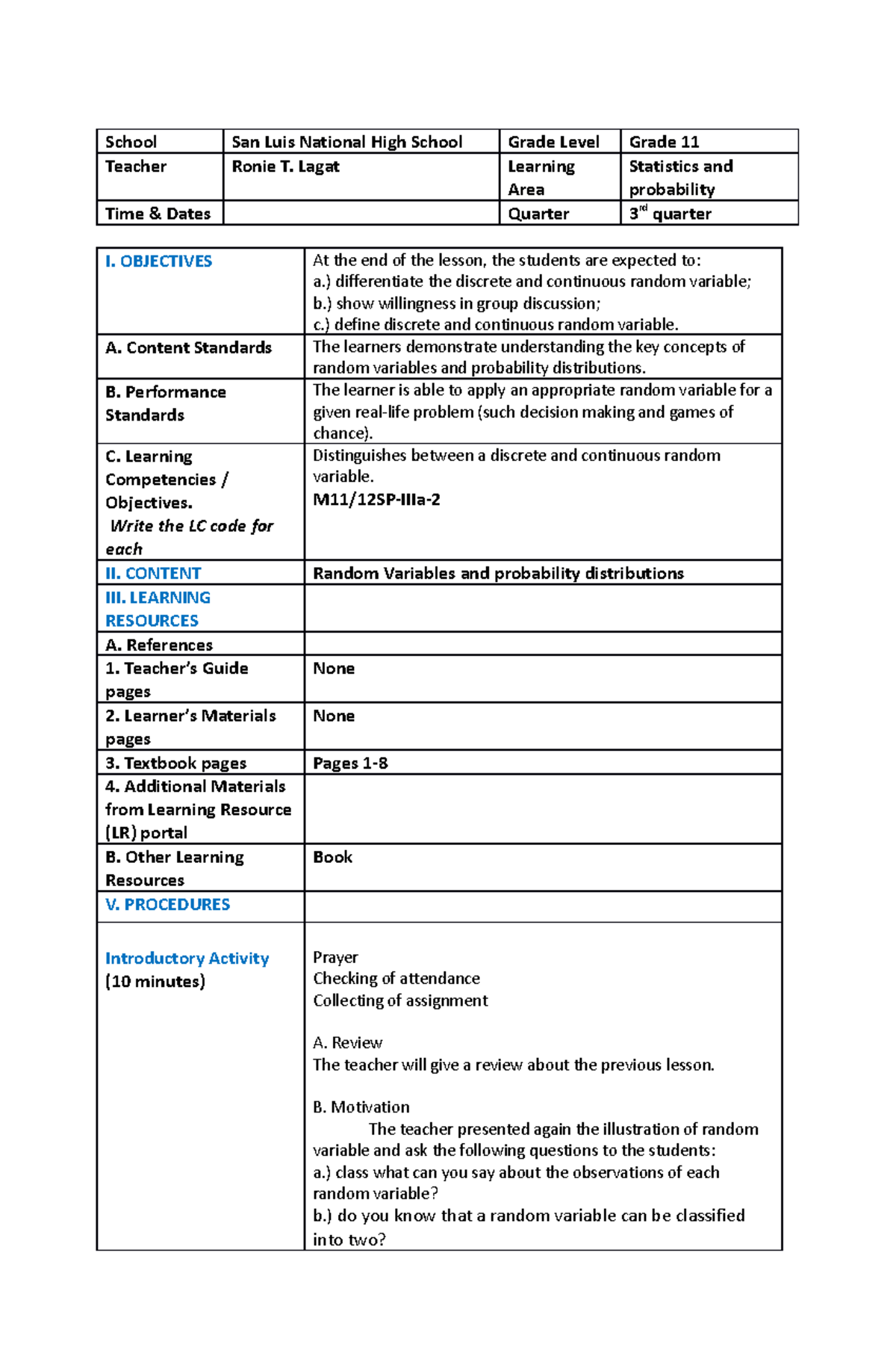 M11/12SP-IIIa-2: Lesson Plan on Random Variables & Probability - Studocu