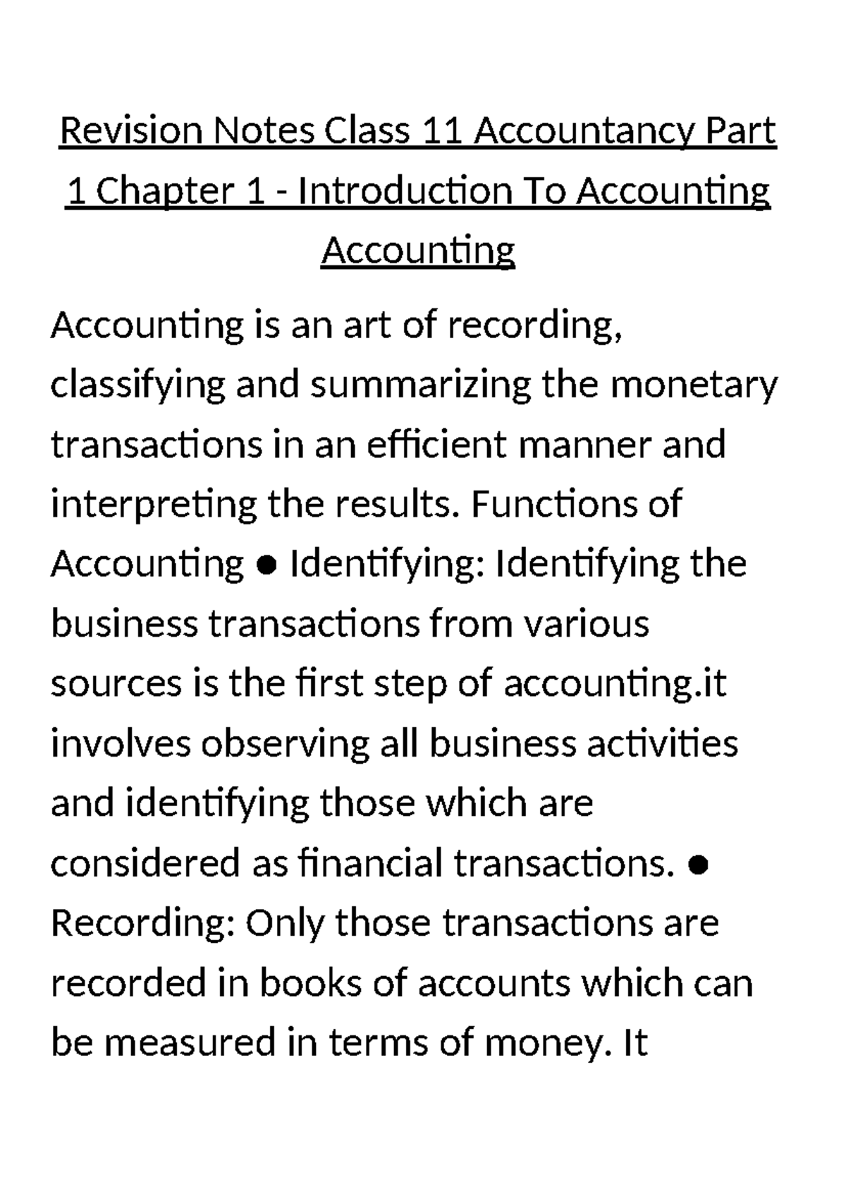 Revision Notes for Class 11 Accountancy: Chapter 1 - Intro to ...