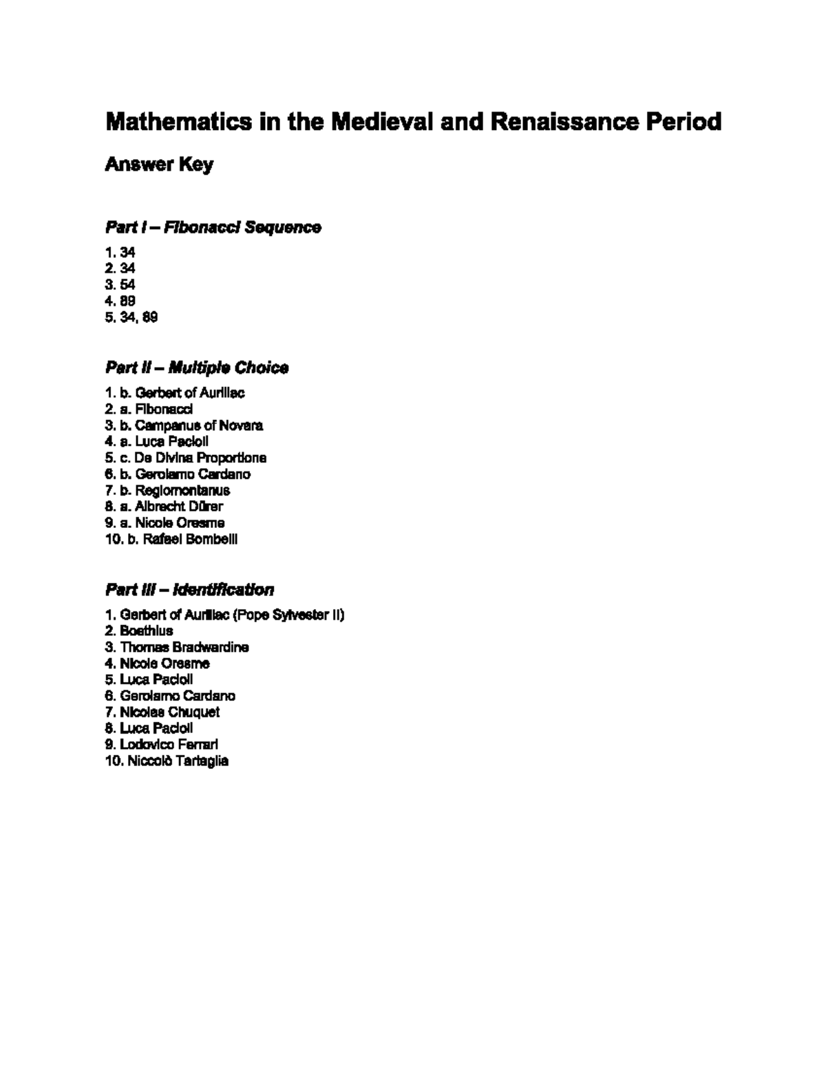 Mathematics in the Medieval & Renaissance Period - Answer Key - Studocu