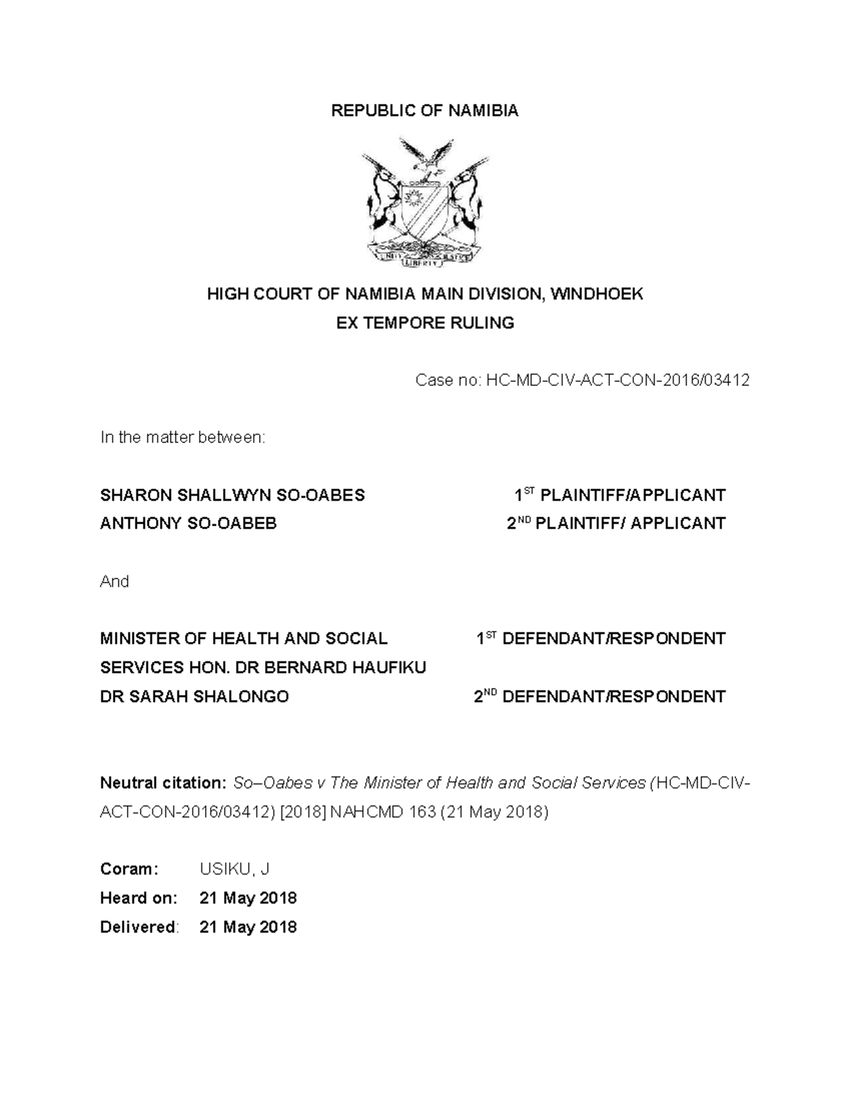 High Court of Namibia Ruling on Medical Negligence Case No. 163/2018 ...