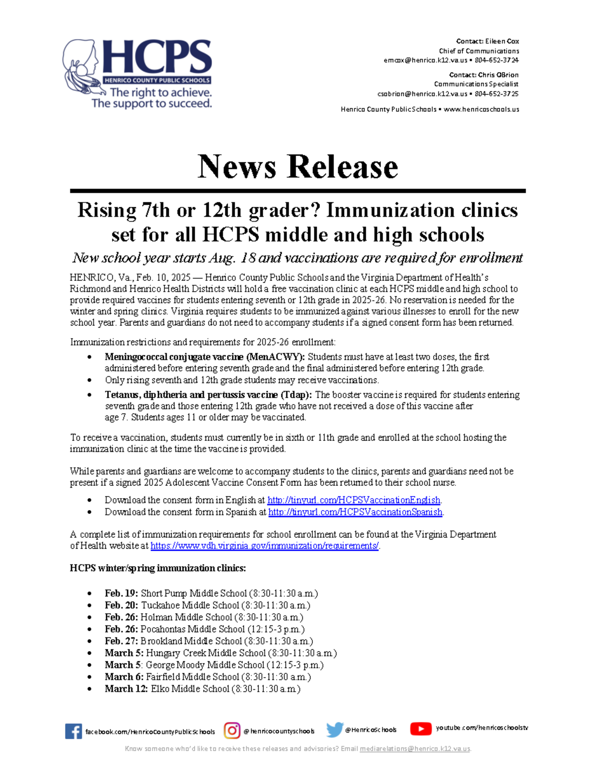 2025 02 10 Winter Spring Immunizations - News Release Rising 7th or ...