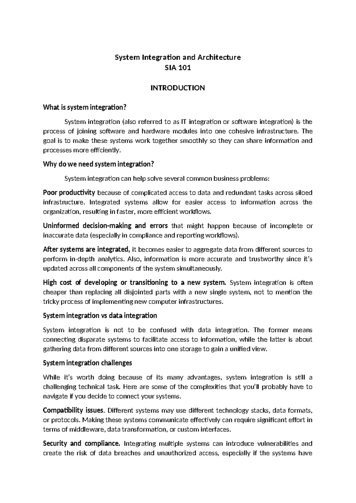 SIA 101: Understanding System Integration & Its Importance - Studocu