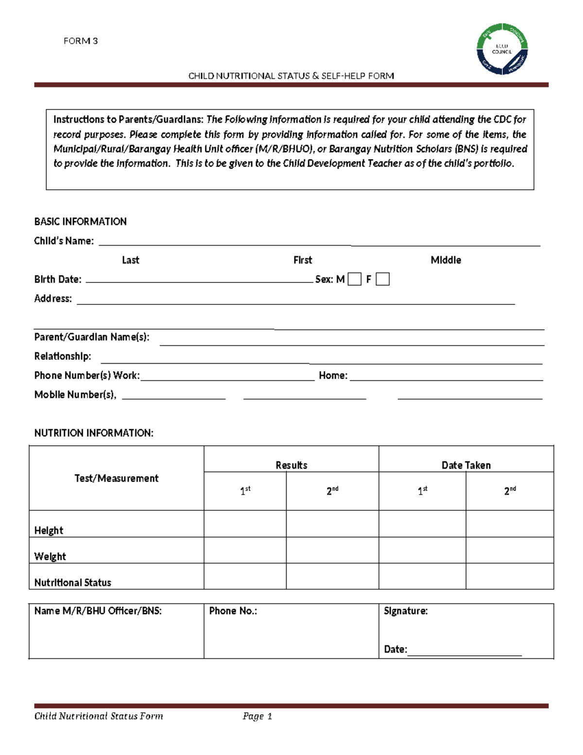 ECCD FORM 3 Child Nutritional Status Self-Help Form Guide - Studocu