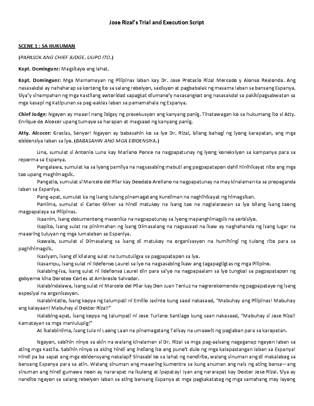 Jose Rizal's Trial and Execution Script: A Dramatic Interpretation ...