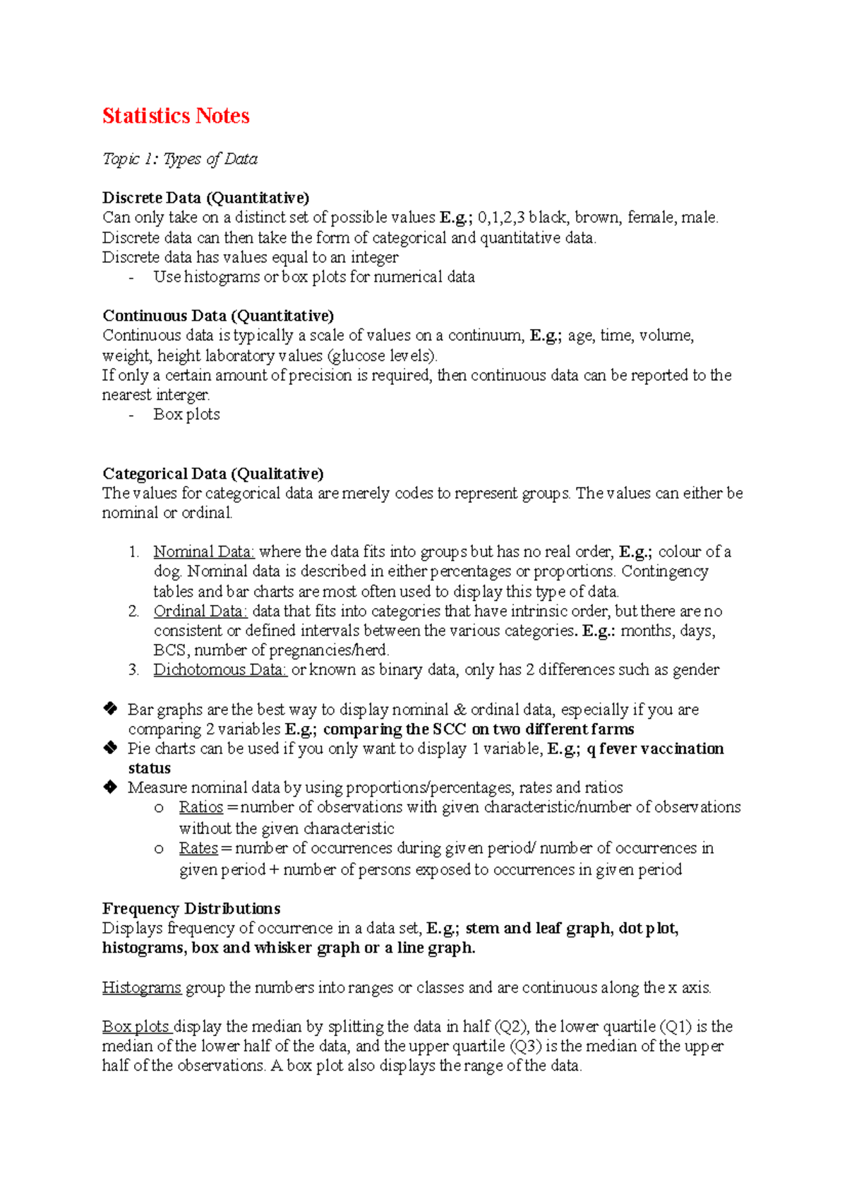 Stats 101: Comprehensive Notes on Key Topics Summarized - Studocu