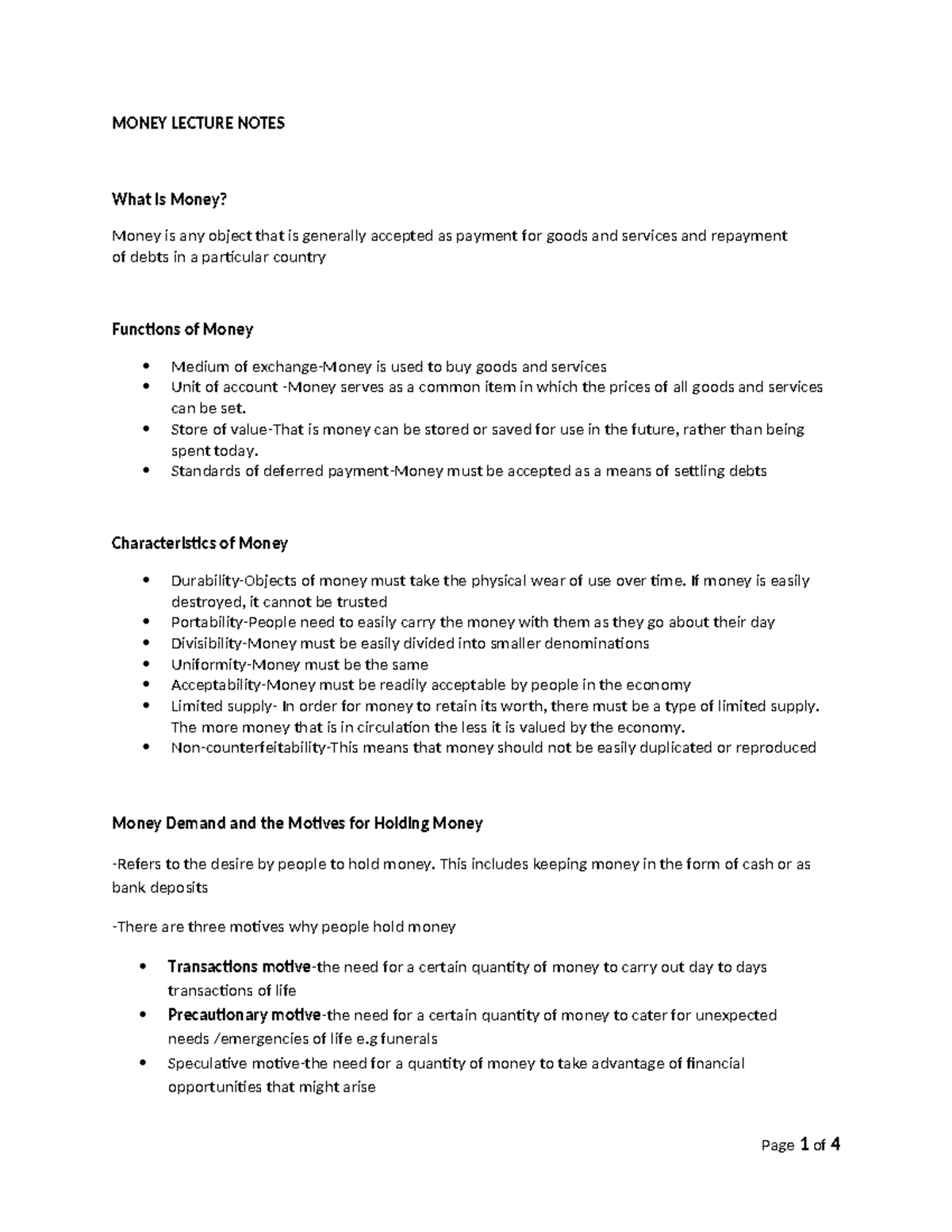 MONEY LECTURE NOTES: Understanding Functions and Supply of Money - Studocu