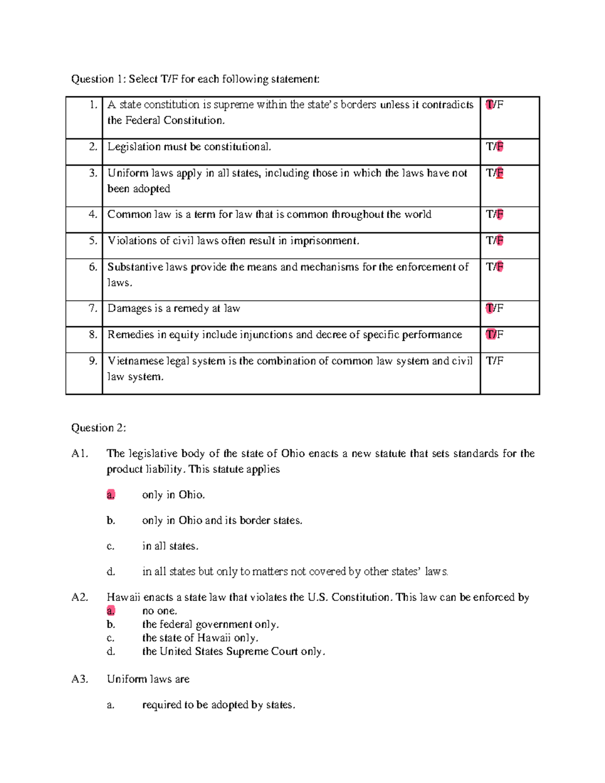 Exercises Chapter 1 - Practice Questions for Law 101 - Studocu