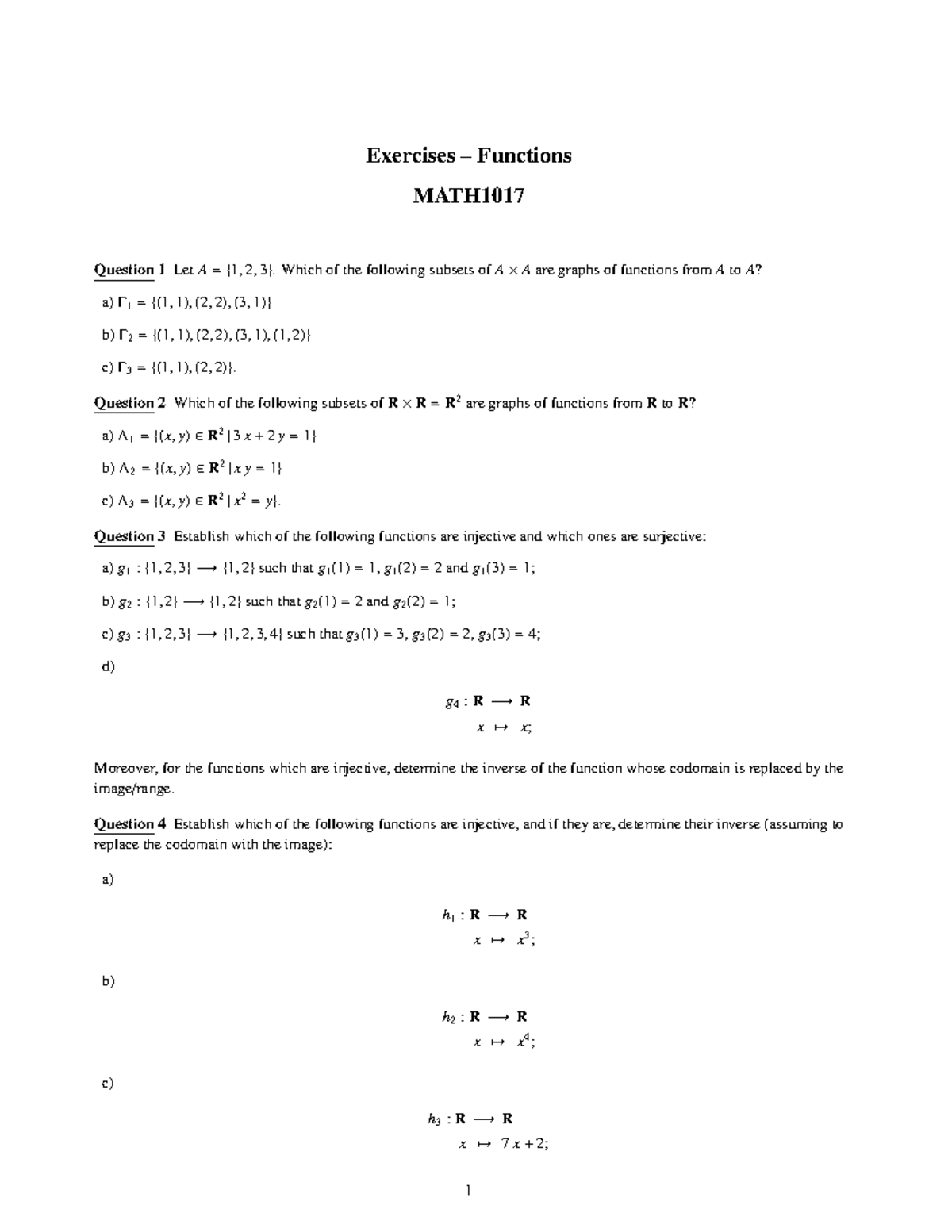Exercises on Functions - MATH1017 - Studocu