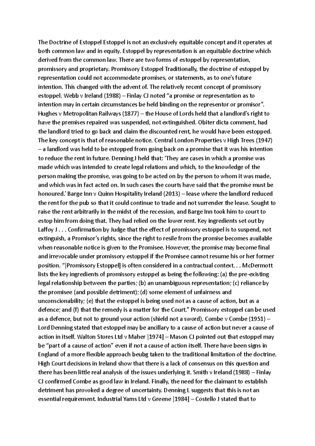 Estoppel Notes - The Doctrine of Estoppel Estoppel is not an ...