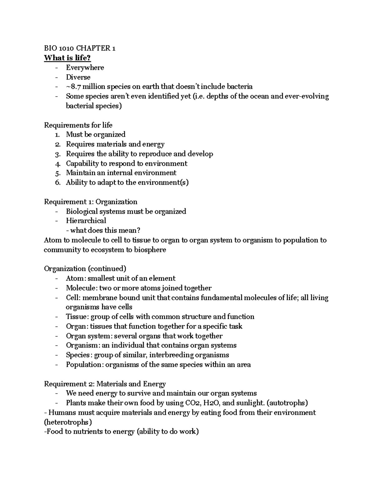 BIOL1010 Chapter 1 - Lecture Notes by Madeline Choi on Life and Cells ...