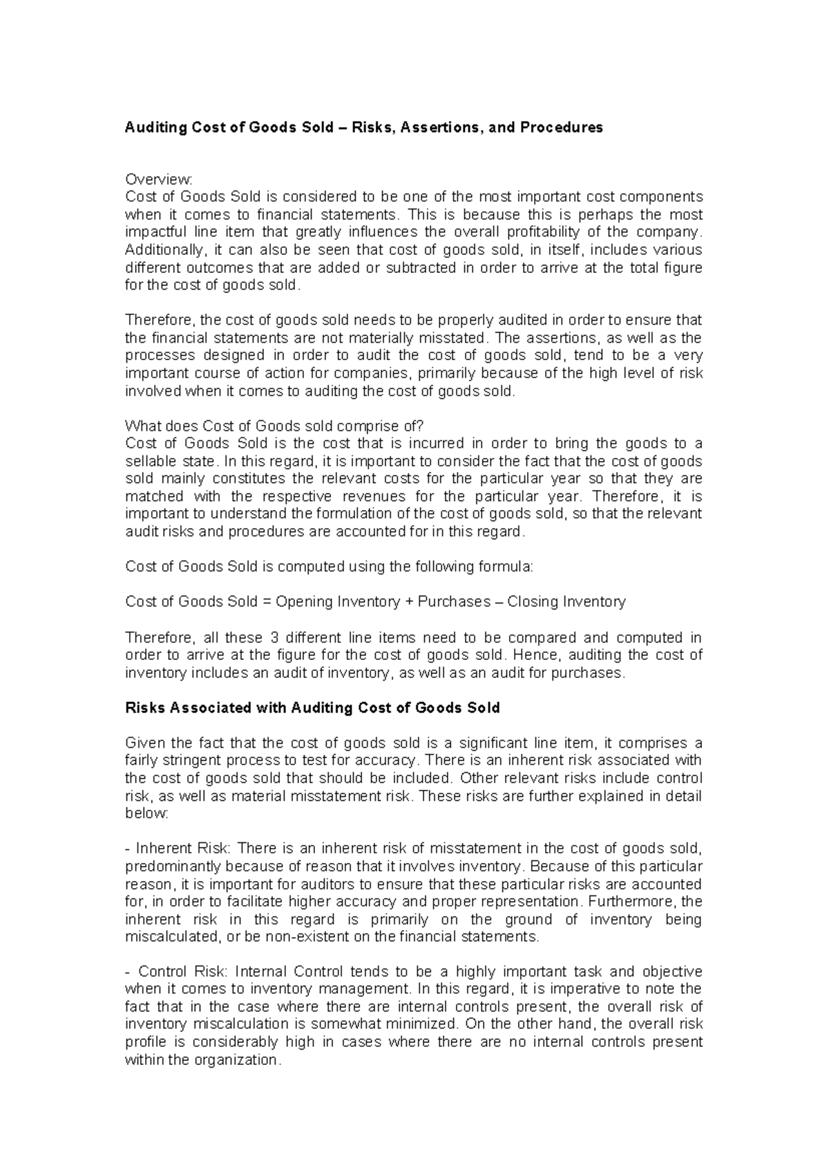 Audit Procedures for Cost of Goods Sold: Risks & Assertions Overview ...