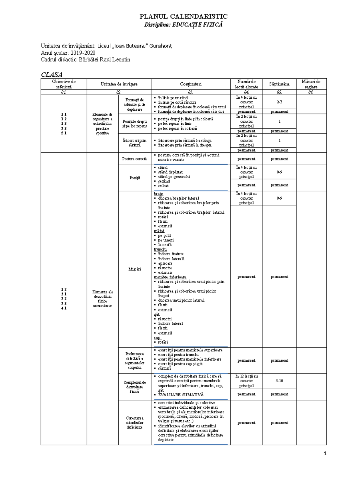 Clasa i efs planul calendaristic semestrial - PLANUL CALENDARISTIC ...