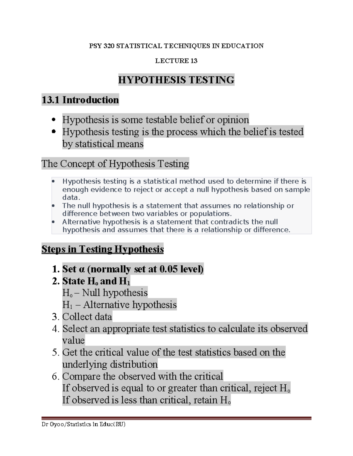 PSY 320 LECTURE 13: Hypothesis Testing Overview and Procedures - Studocu