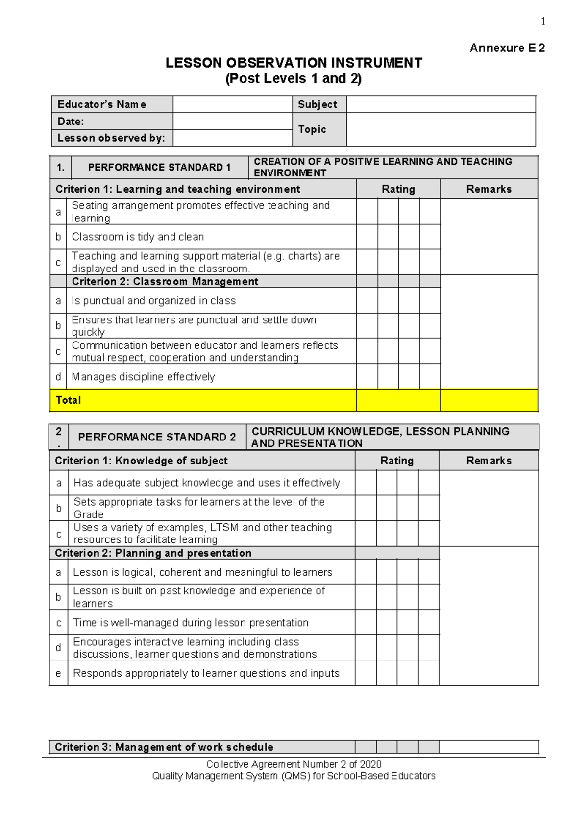 1 LESSON OBSERVATION INSTRUMENT (PL 2) - Performance Standards ...