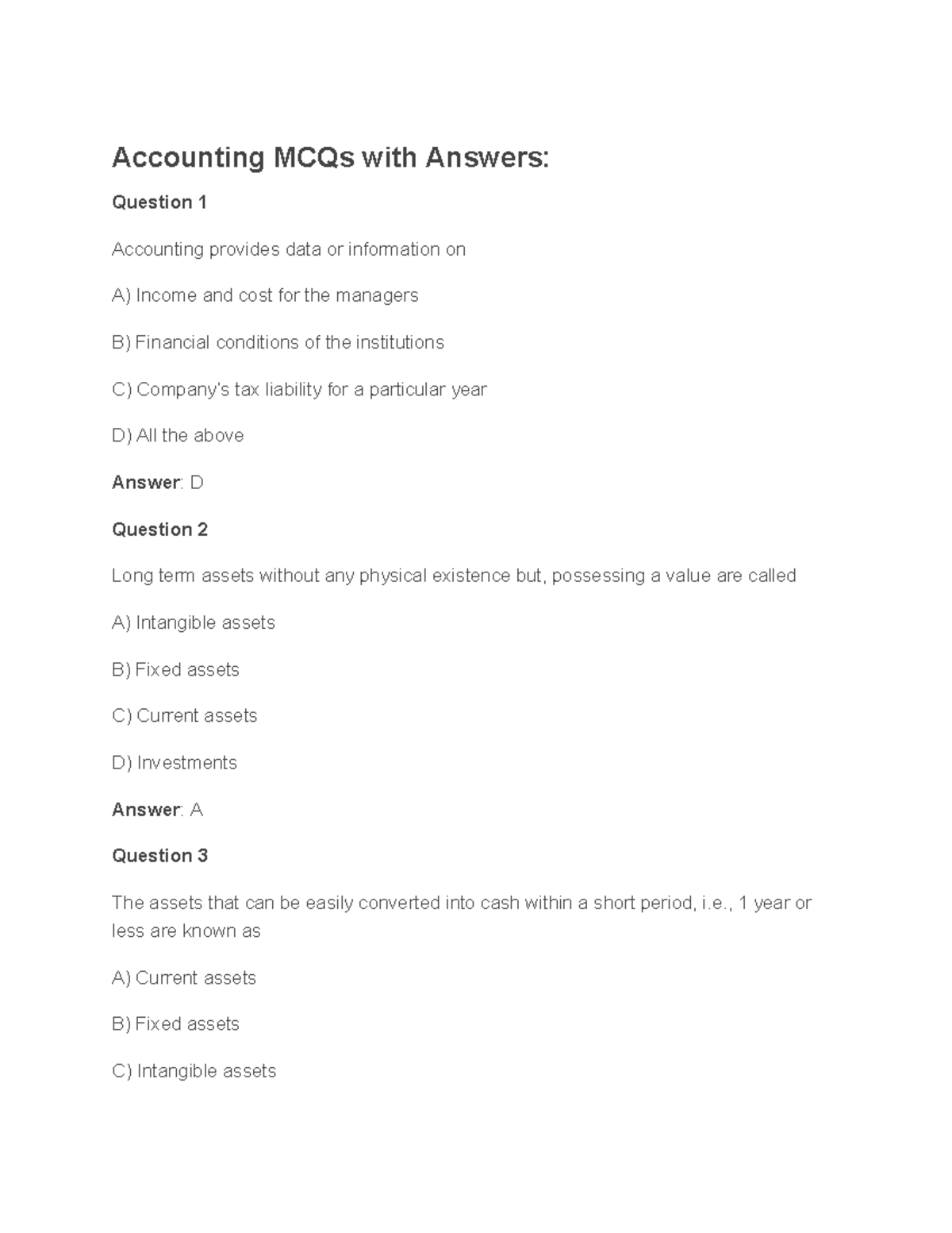 Accounting MCQs with Answers: Comprehensive Guide for Exam Prep - Studocu