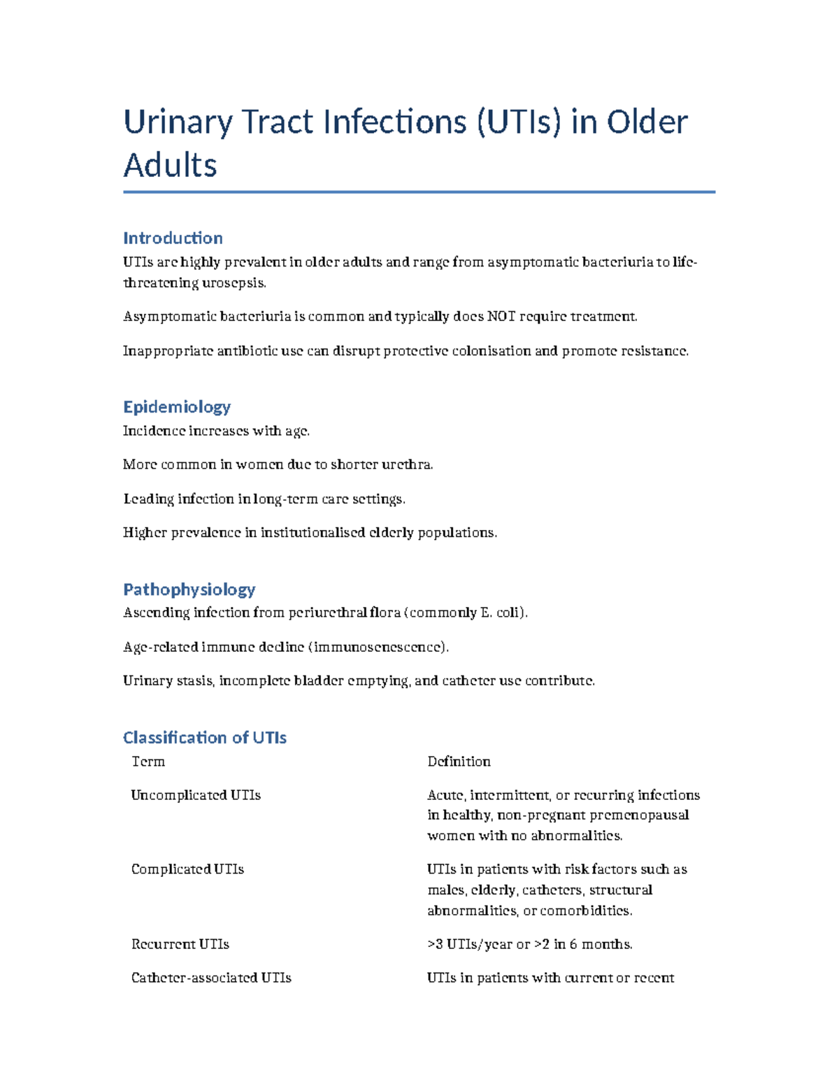 UTI Study Notes: Understanding Infections in Older Adults - Studocu