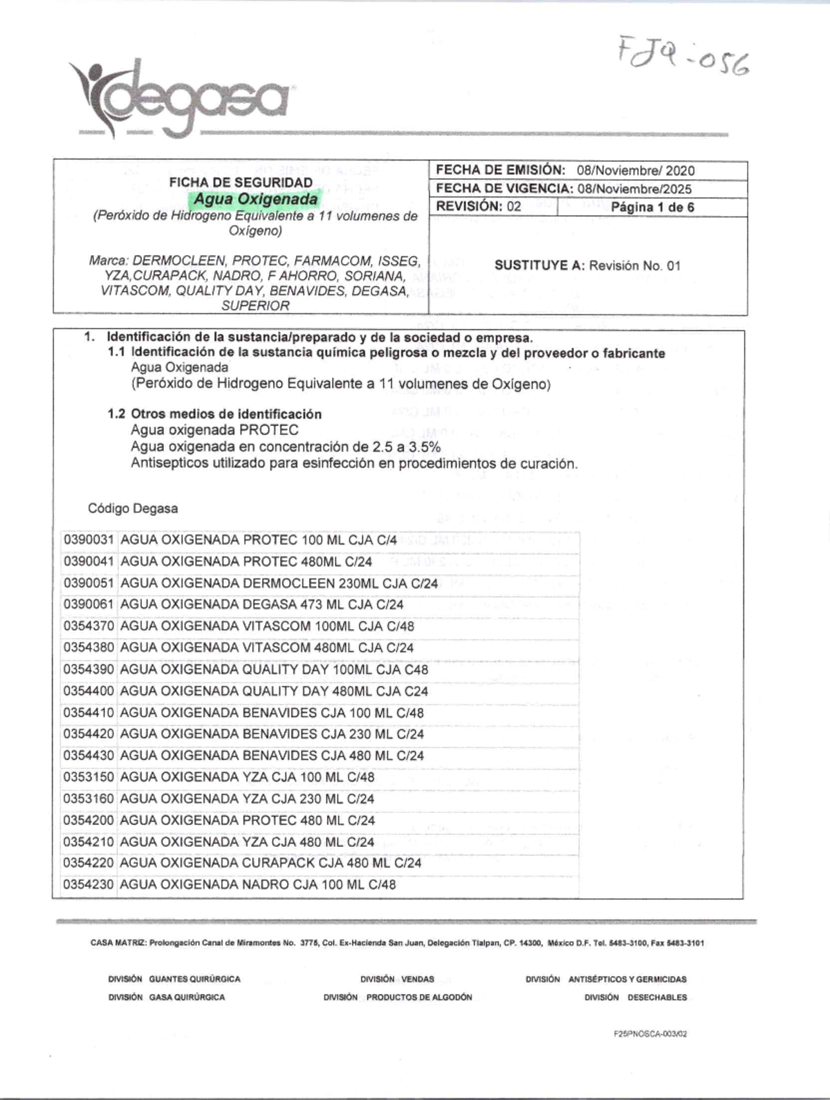 31-HDS AGUA Oxigenada: Hoja de Datos de Seguridad (2020) - Document Preview