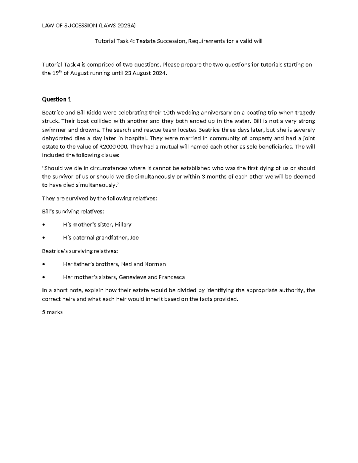 LAWS 2023A Tutorial 4: Testate Succession Questions Analysis - Studocu