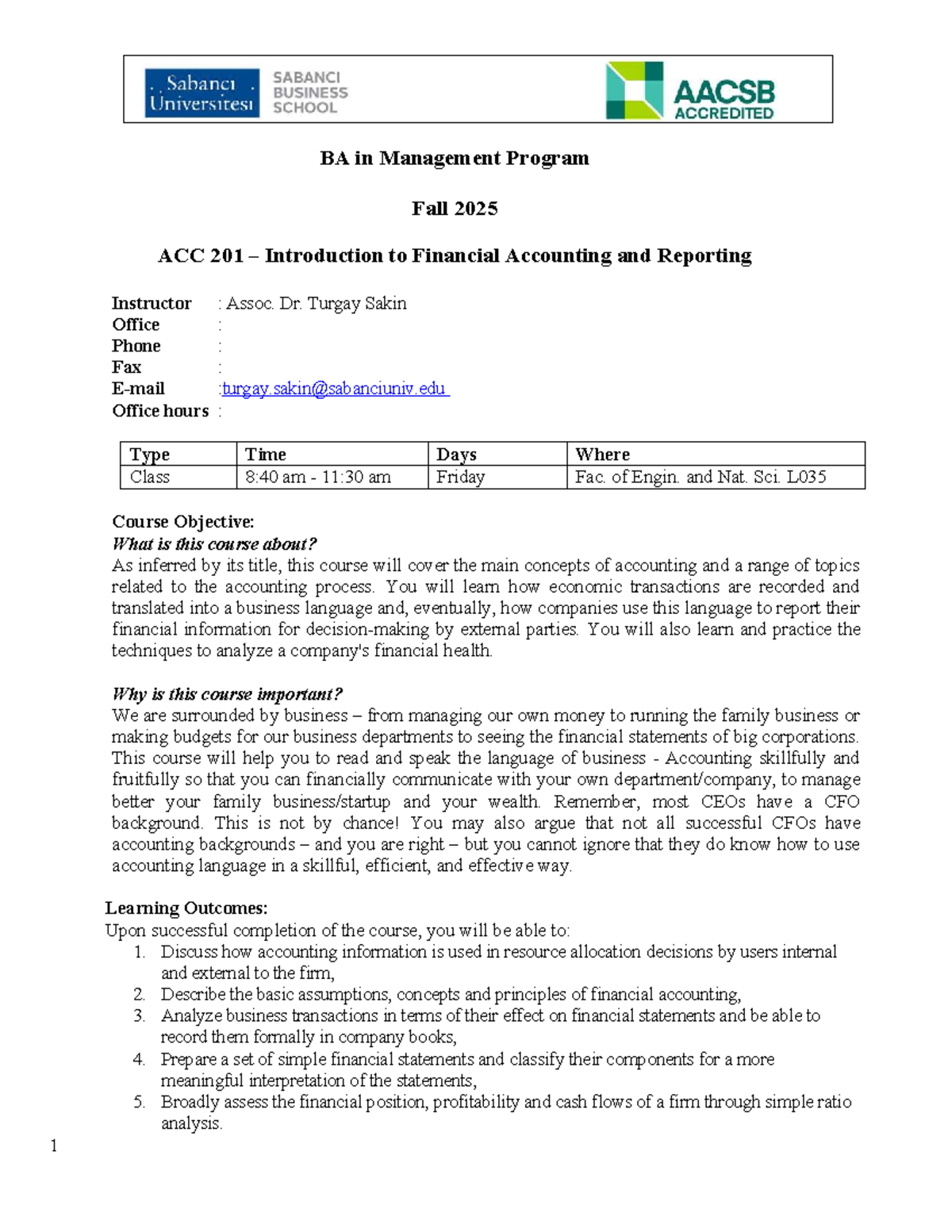 ACC 201 Syllabus: Introduction to Financial Accounting Fall 2025 - Studocu