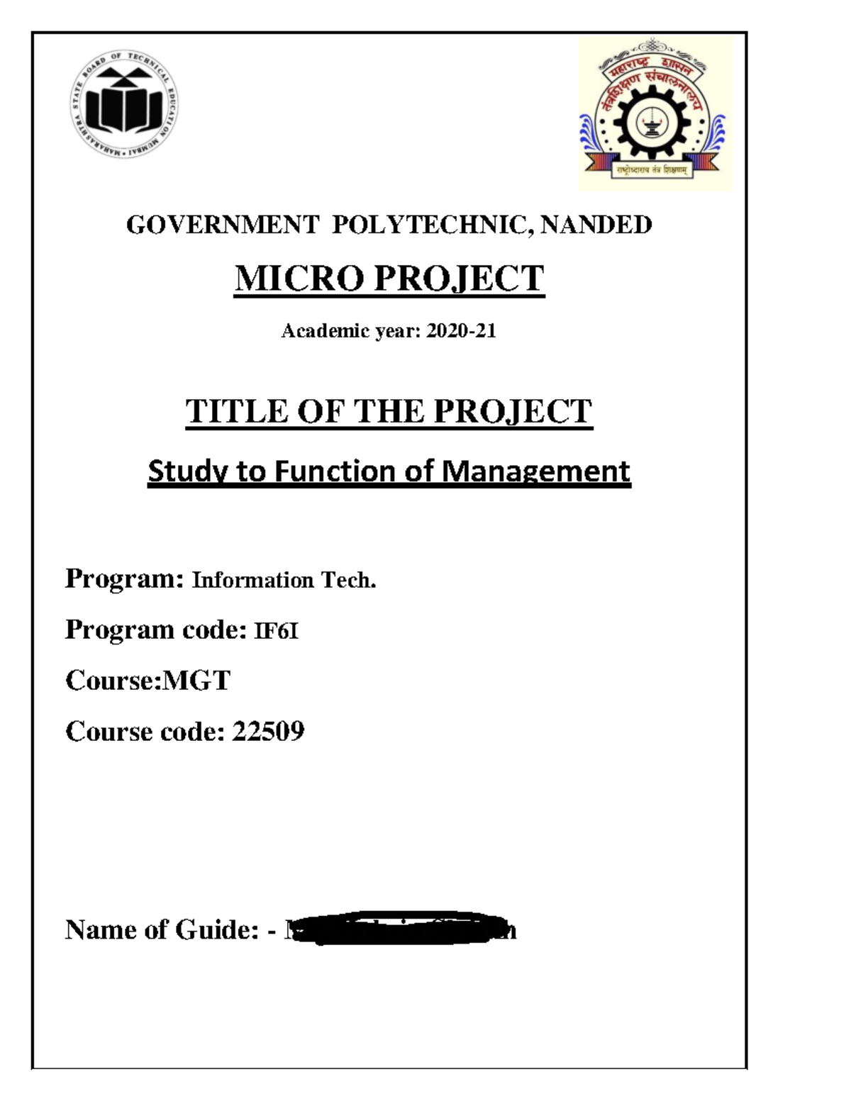 MGT 22509 Micro Project: Study on Functions of Management - Studocu