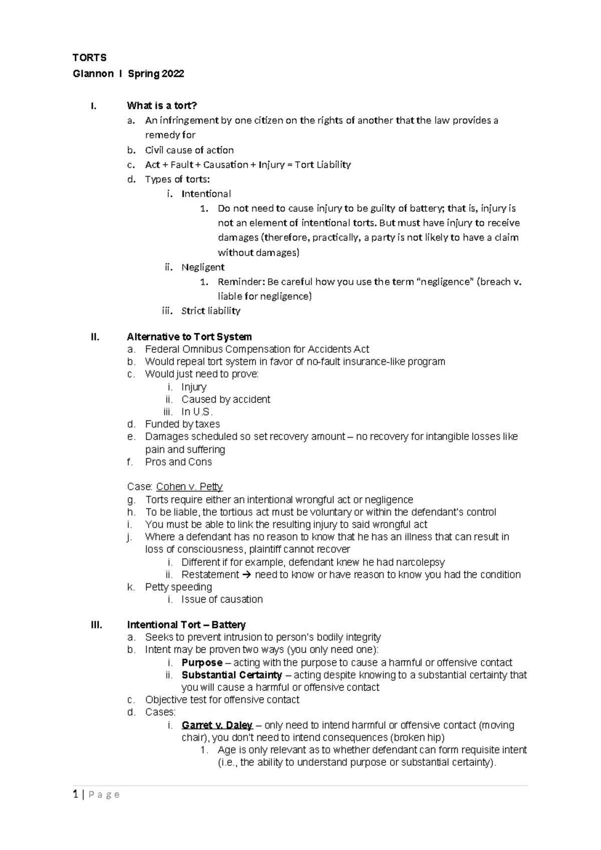 Torts Lecture Outline Spring 2022 (Glannon) Studocu