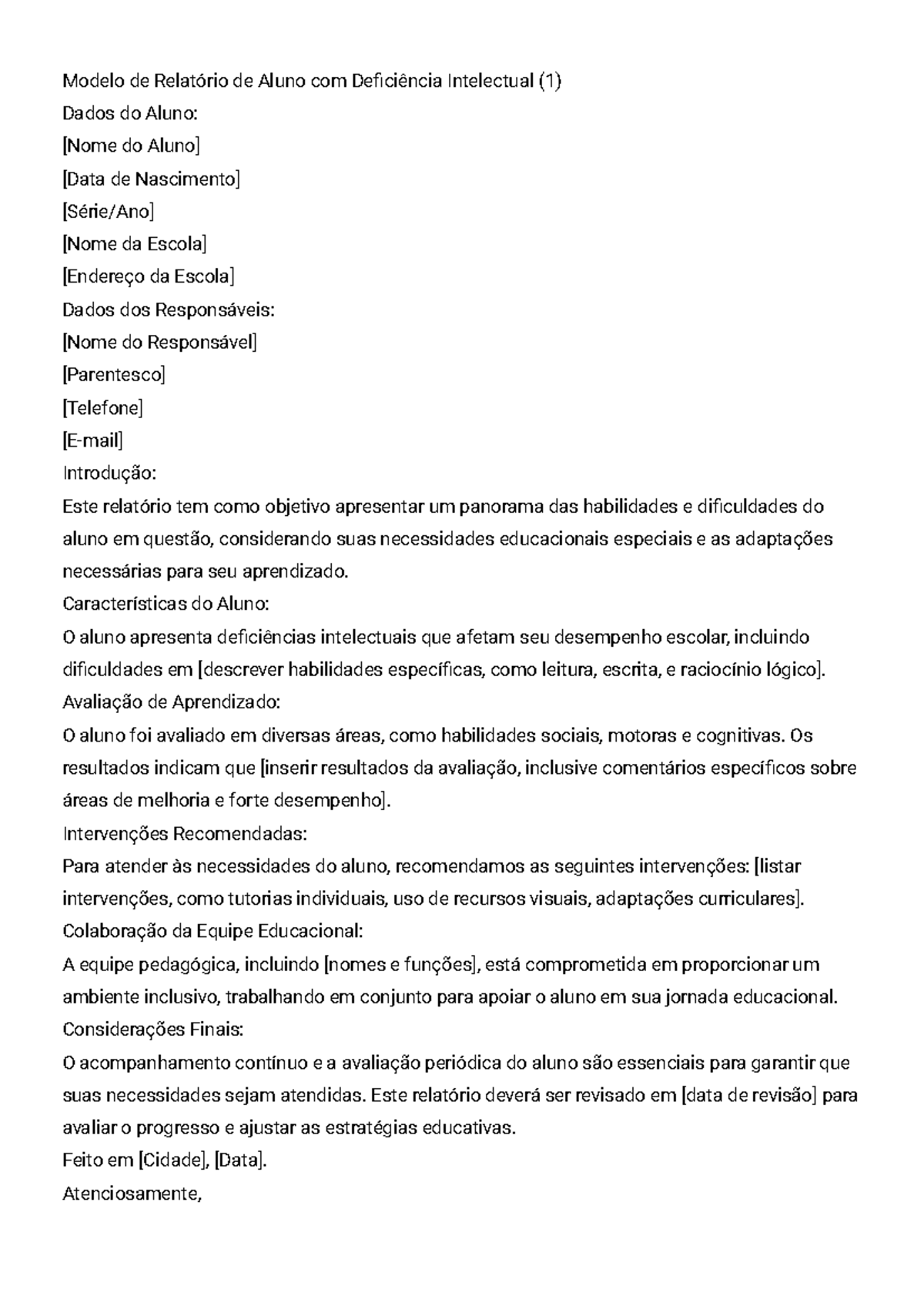 Modelo de Relatório - Aluno com Deficiência Intelectual - Studocu