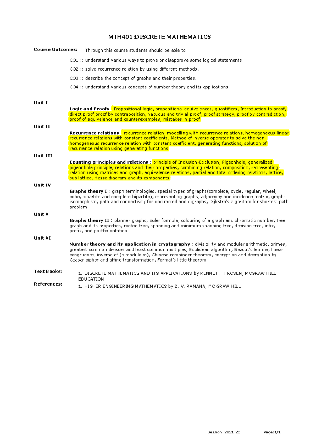 MTH401: Discrete Mathematics Syllabus and Course Outline 2021-22 - Studocu