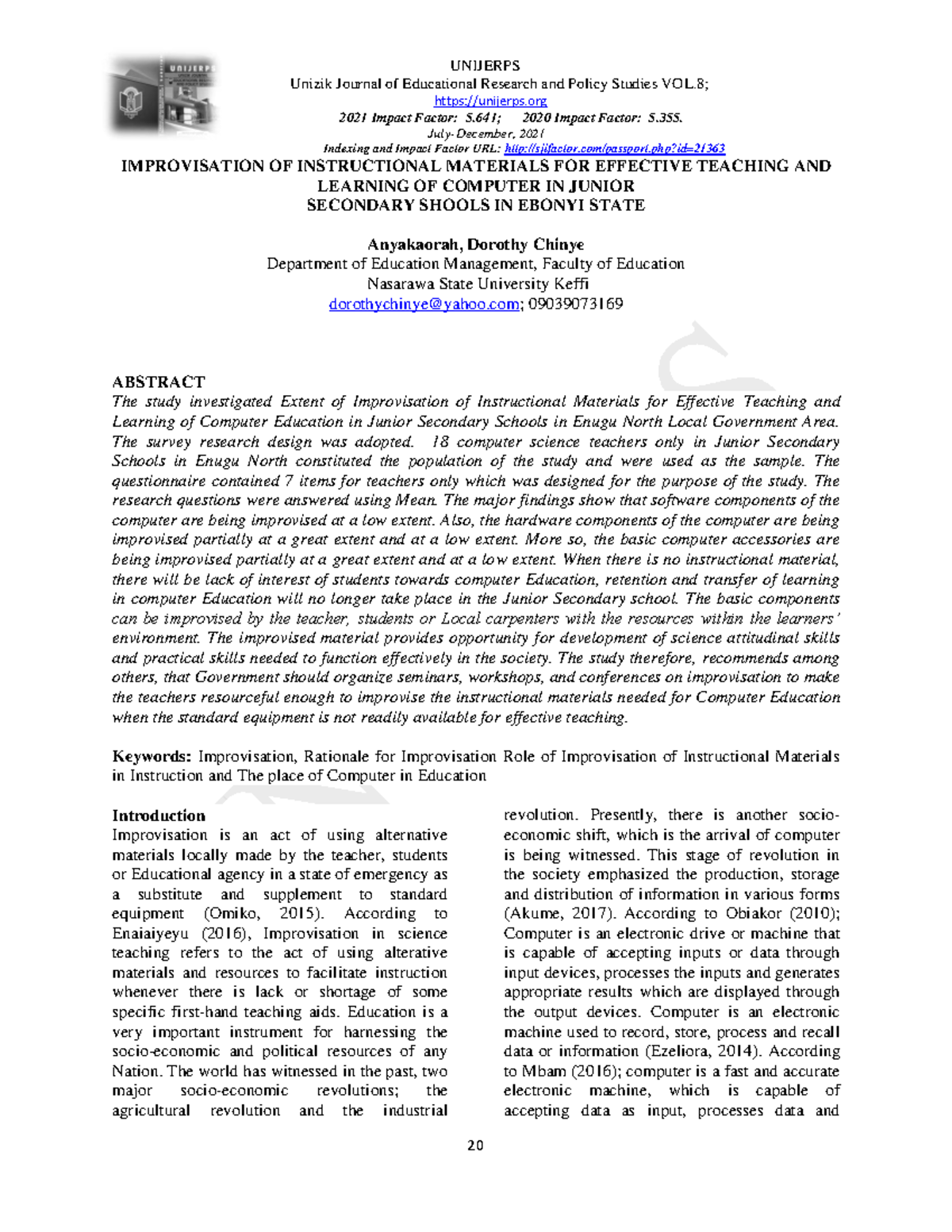 Improvisation of Instructional Materials for Effective Computer ...