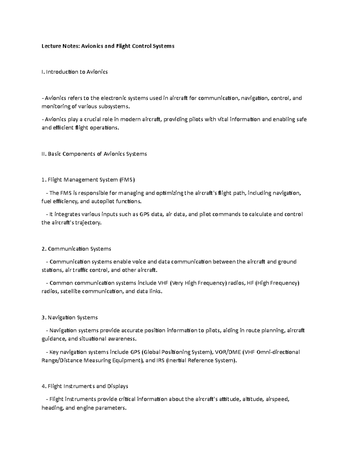 Lecture Notes: Avionics & Flight Control Systems Overview - Studocu