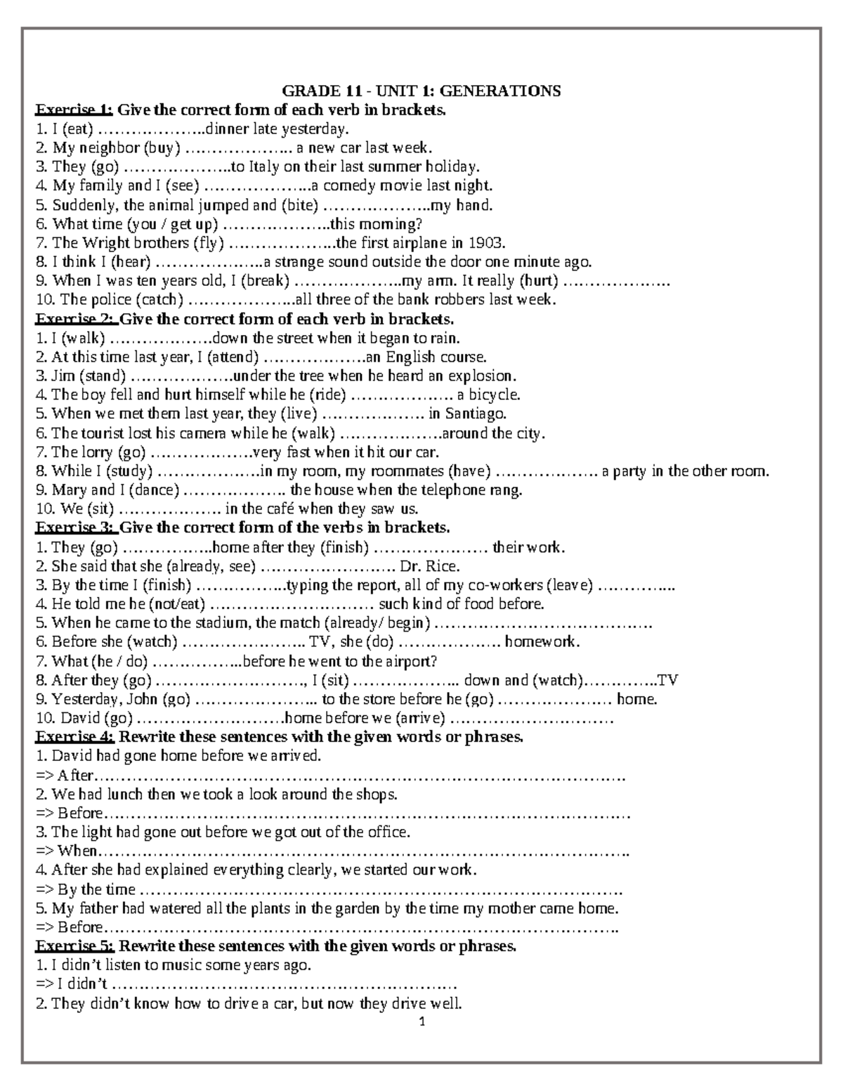 Grade 11 English Language - Unit 1: Generations Exercises and Verbs ...