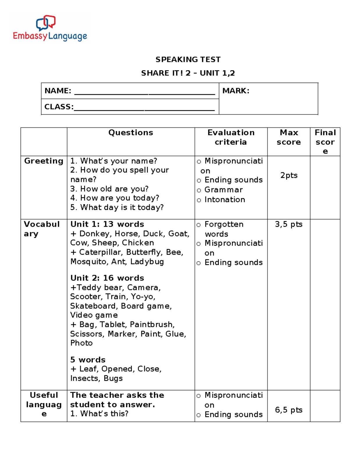 Speaking Test - Share It 2: Units 1 & 2 Evaluation Guide - Studocu