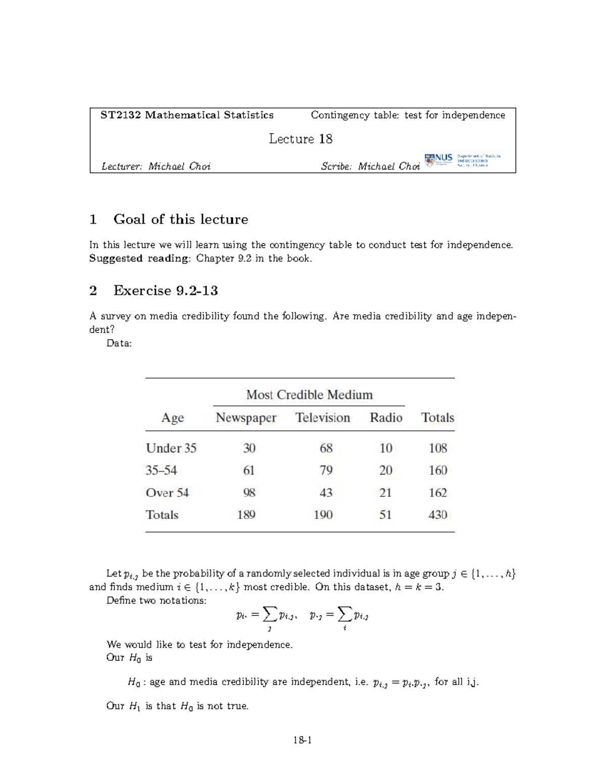 ST2132 Mathematical Statistics: Lecture 18 - Contingency Table ...