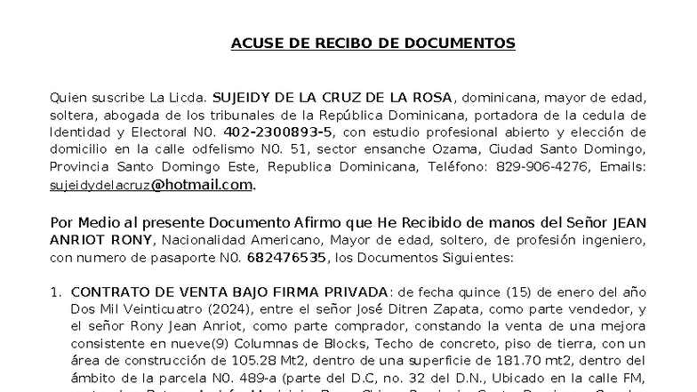 Acuse de Recibo de Documentos - Jean Rony Anriot - Studocu