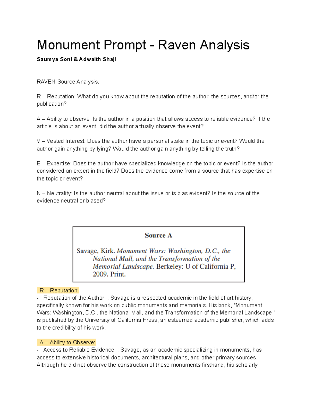 ENG 201 - Monument Prompt: RAVEN Analysis of Author Credibility - Studocu