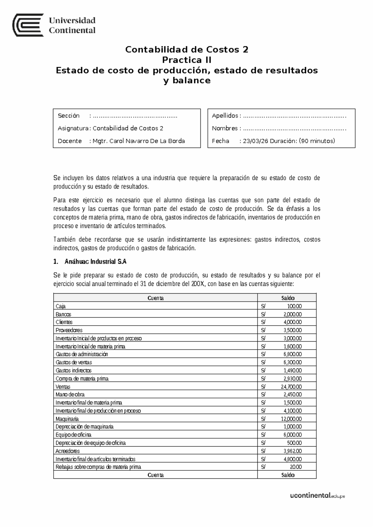 Contabilidad de Costos 2: Práctica II - Estado de Costo y Resultados ...
