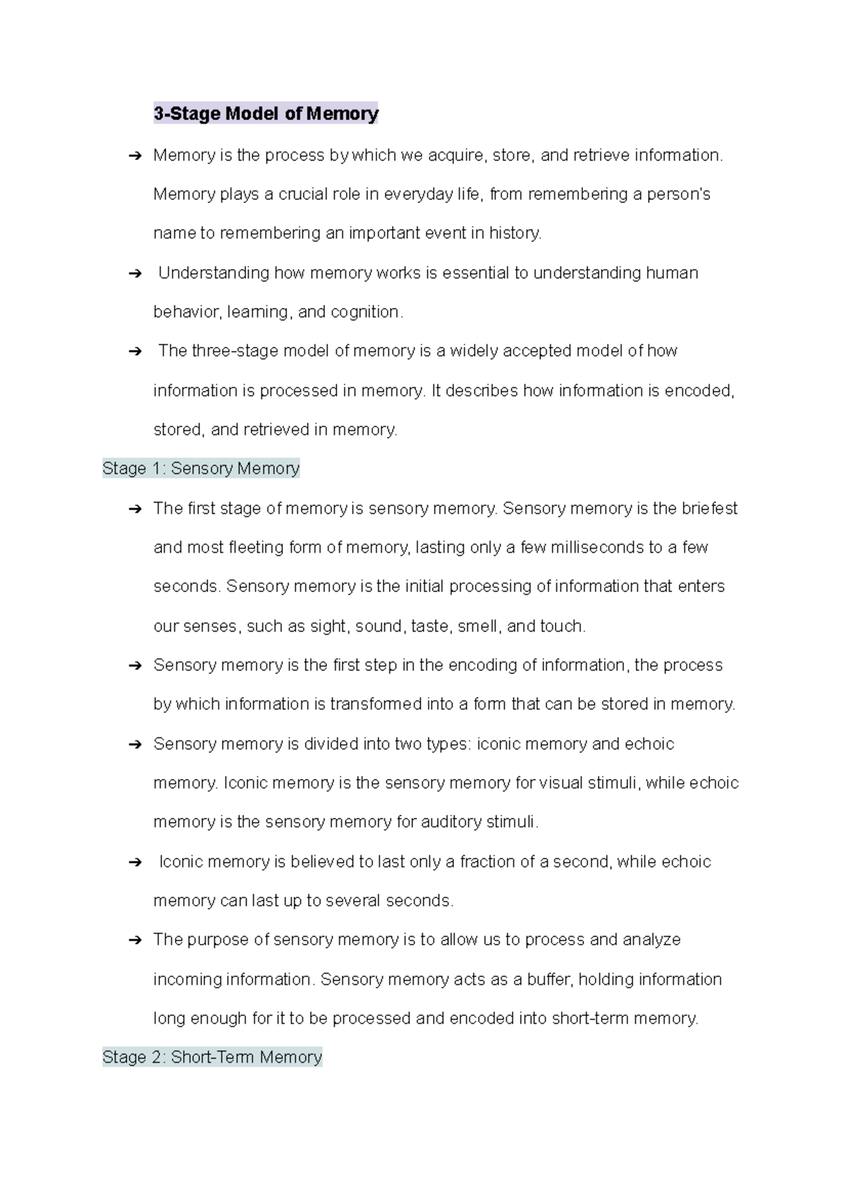 3-Stage Model of Memory: Sensory, Short-Term, and Long-Term - Studocu