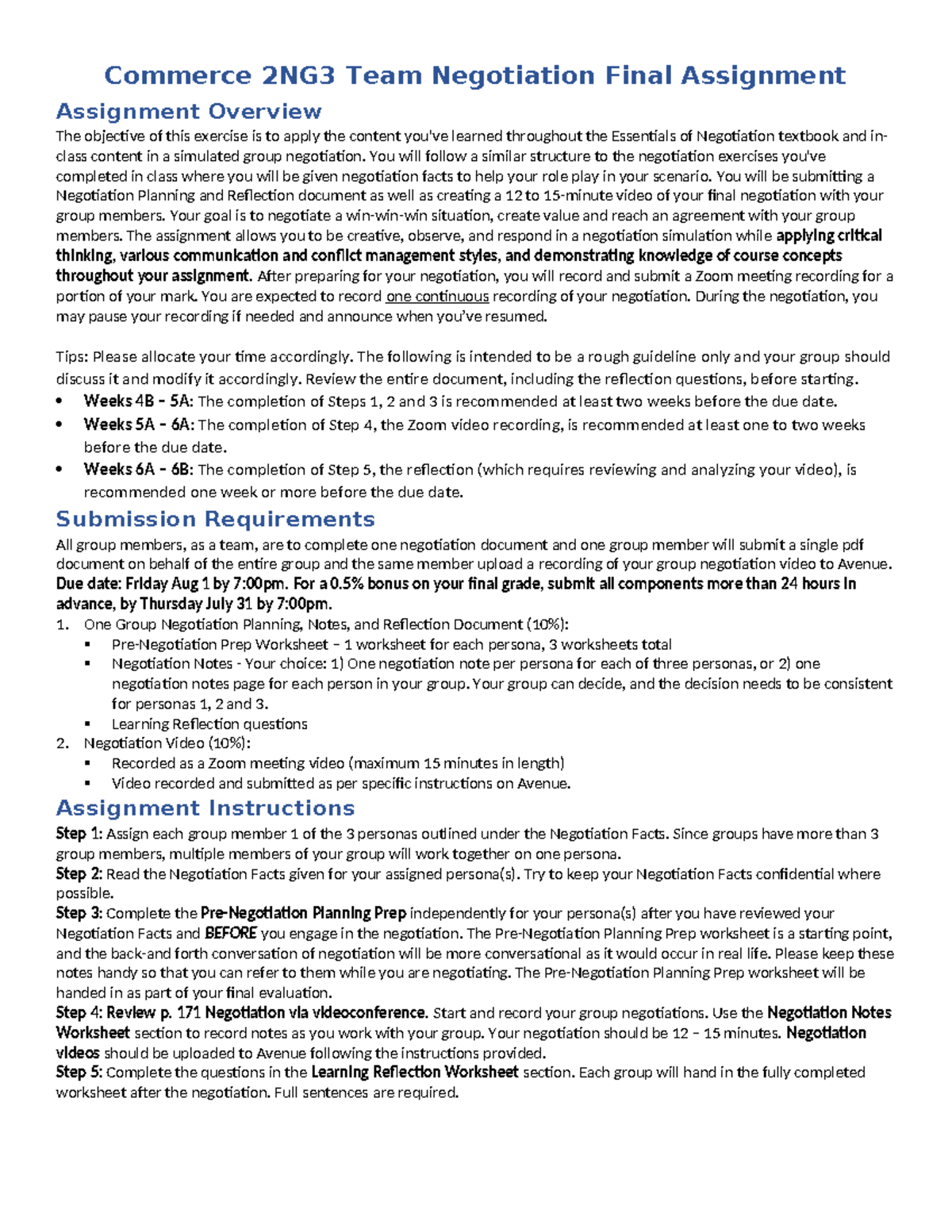 Commerce 2NG3 Team Negotiation Final Assignment Overview and Guidelines ...